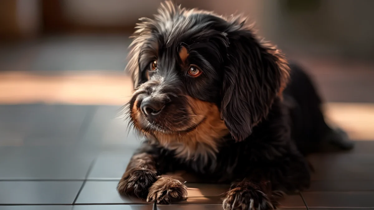 Un perro negro con orejas flops, pelaje suave, sentado en una baldosa para animales, bajo una luz cálida.