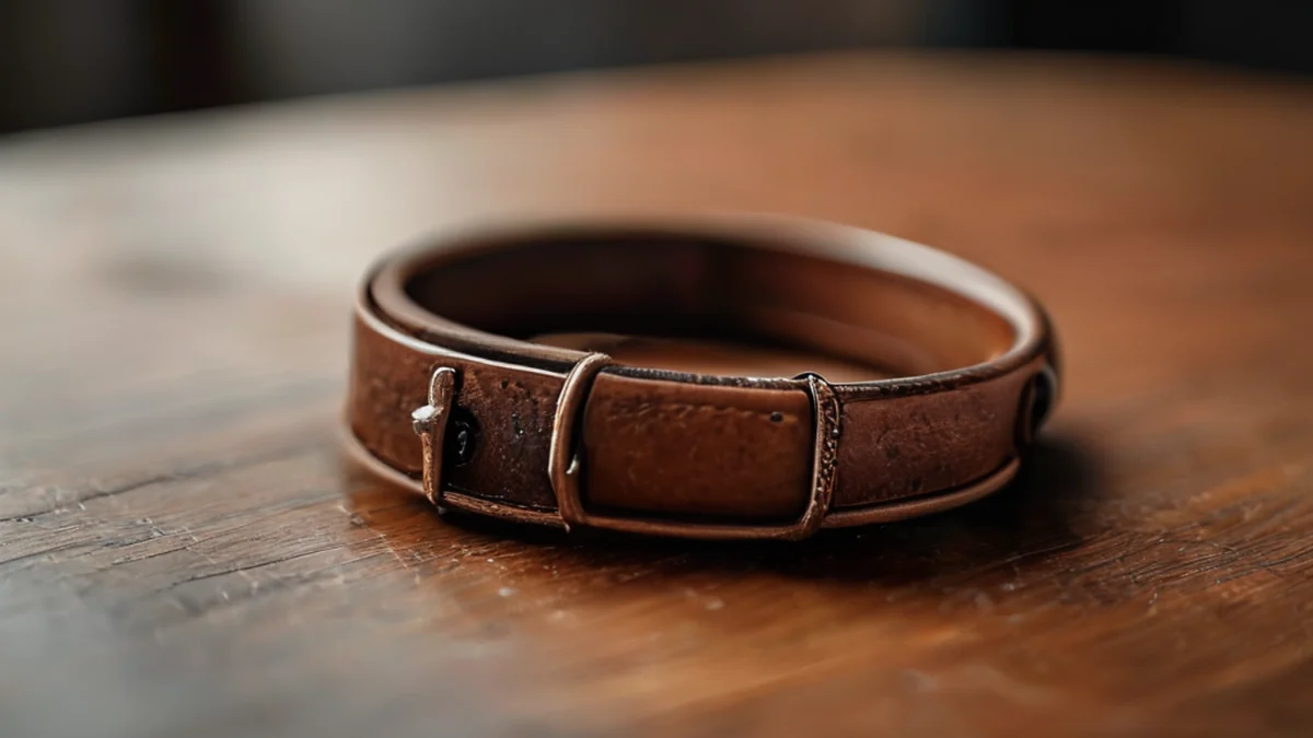 A cat collar with a tag and a buckle.