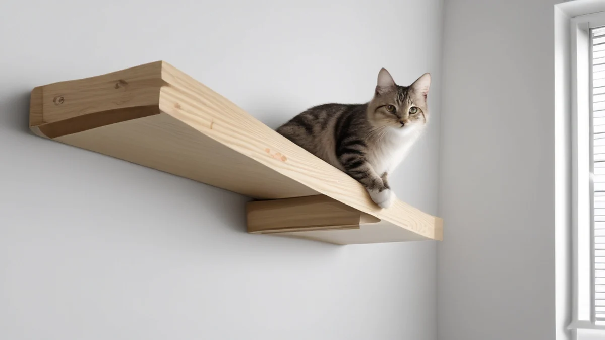 Un chat joue sur un étagère murale.