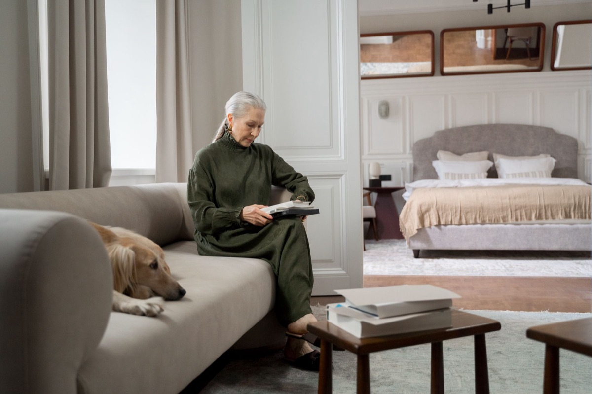 Chien avec étiquette alimentation senior