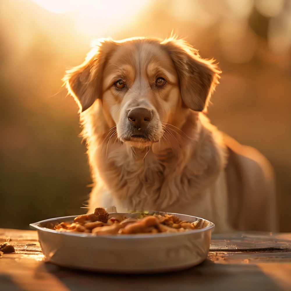 Perro anciano con plato de comida