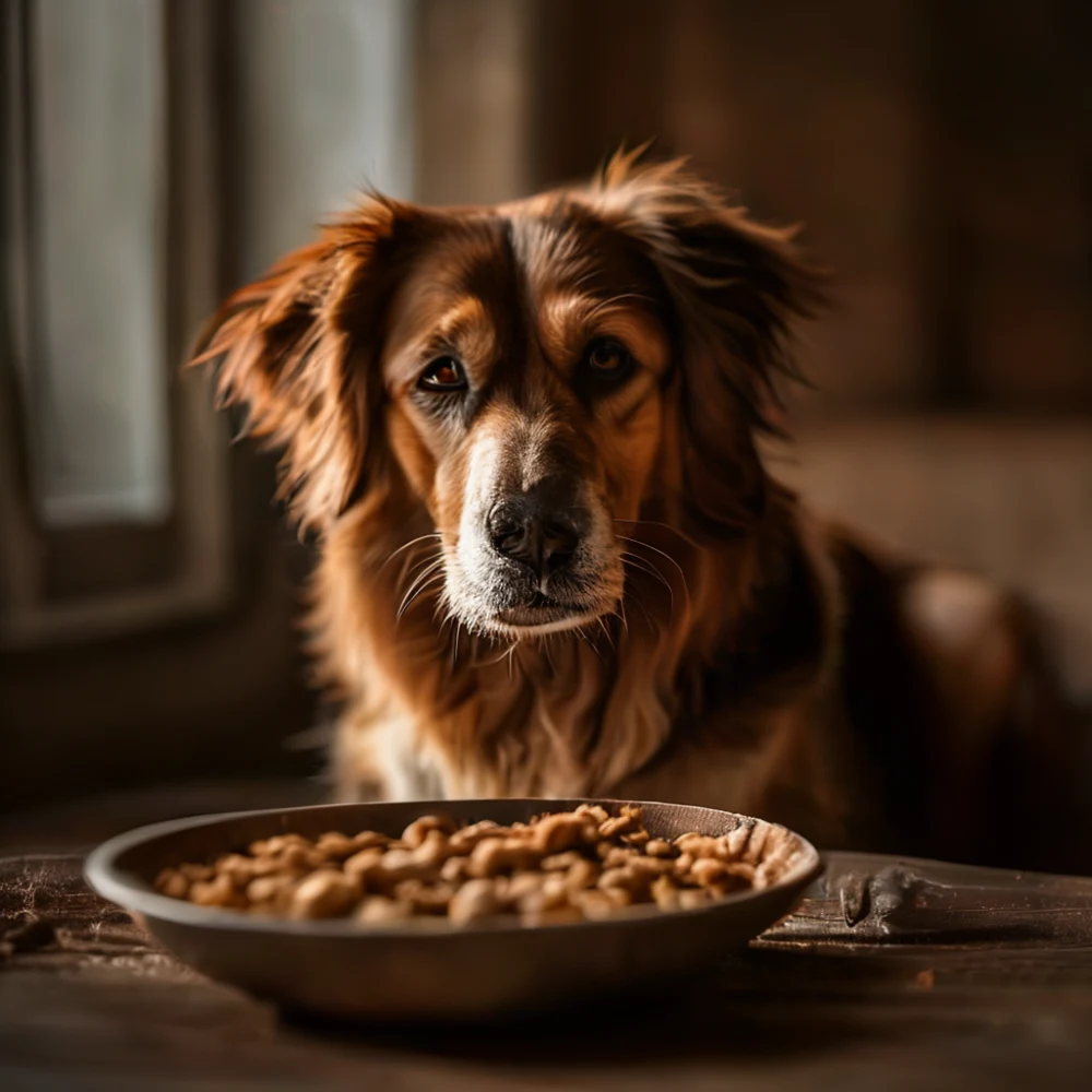 chien âgé avec son bol d'aliment sec