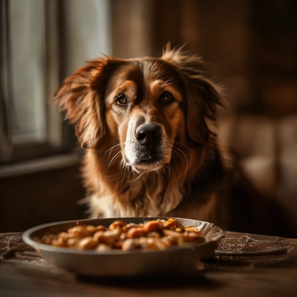 senior dog with food bowl