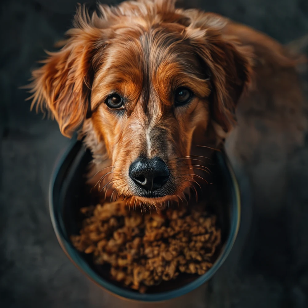 ouderwetse hond met een voedingskom