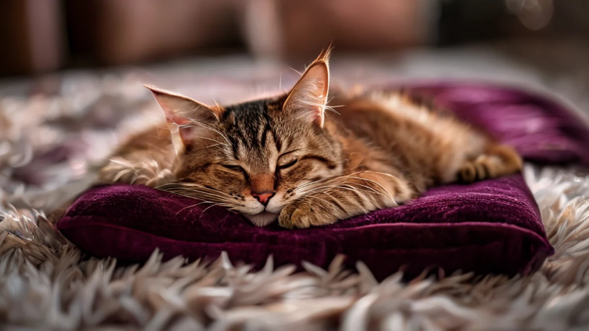 Un gatto si trova su un cuscino di pelle rossa, tessuto morbido, su un tappeto morbido, luce calda, campo di profondità sottile, hiperrealistico