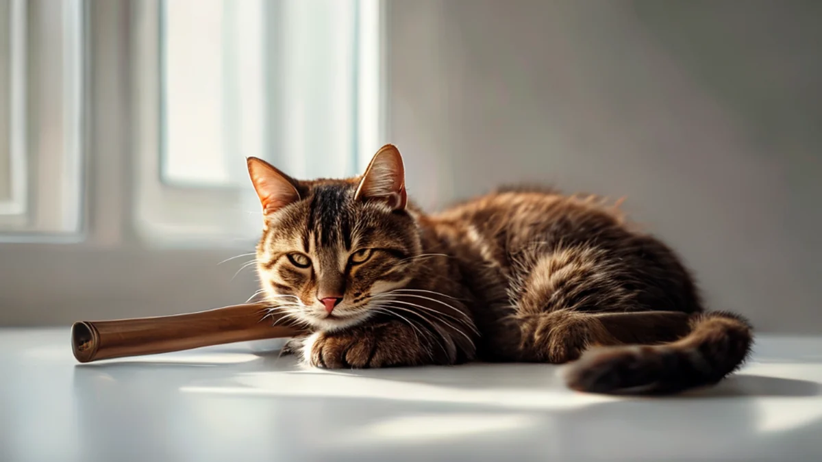 Un griffon d'un chat qui saisit une feuille.