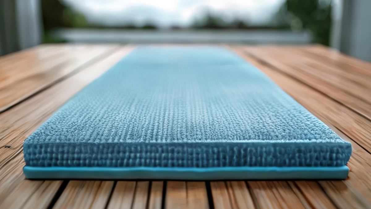 Un tapis d'entraînement synthétique, bleu clair, un seul bandeau, sur une table en bois sous un ciel gris.