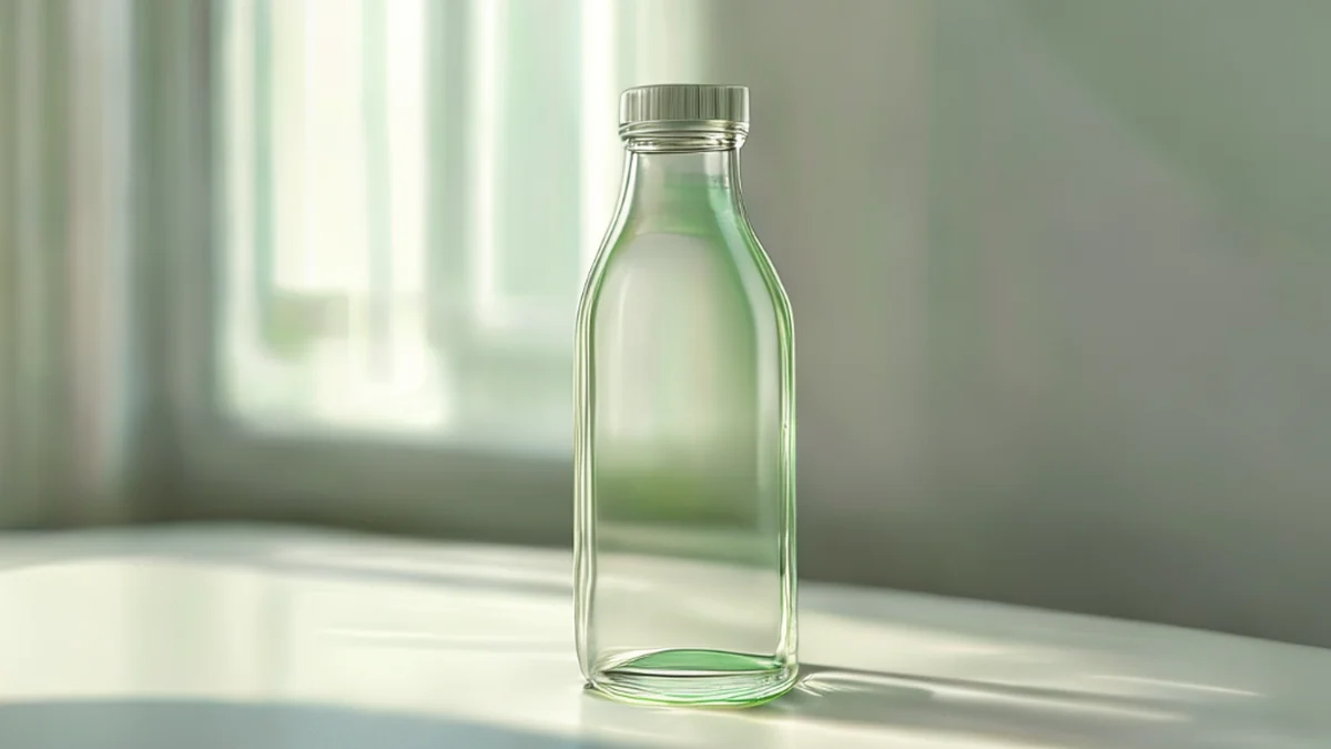 glass 뉴트리 병, 얇고 좁은 둥근 둥근, 투명하고 약간 녹색 톤, 평범한 흰 테이블에 놓여, 부드러운 창가 빛, 얕은 포커스, 초현실적, 선명한 초점, 높은 세부도