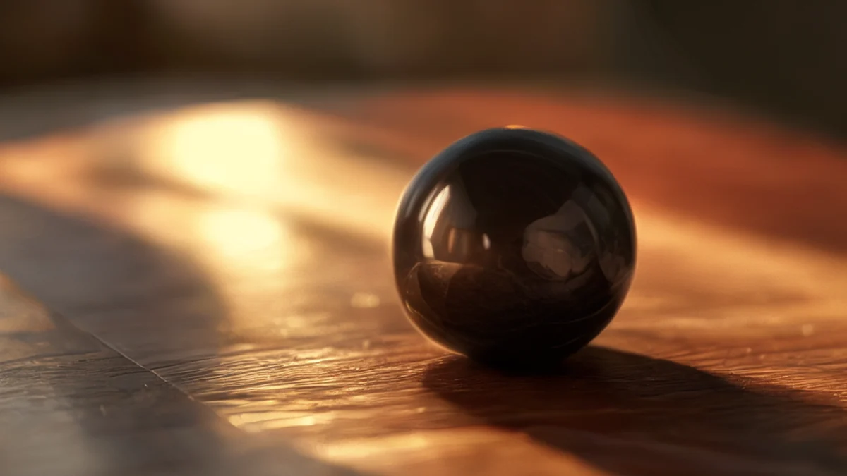 Una sfera di obsidiana liscia, oscura, rotonda appoggiata su una mensola in legno, sotto una luce calda, campo di profondità sottile, realismo fotografico, focus netto, dettagli elevati