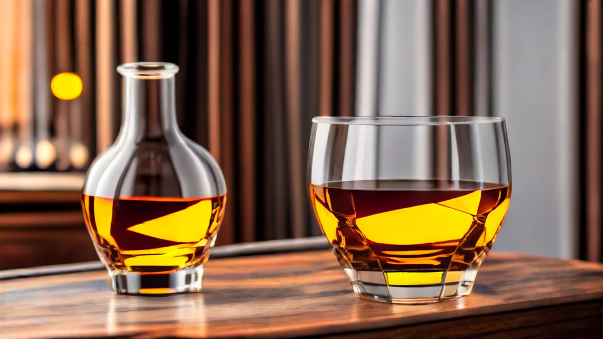 Verre de snifter de cognac français et décanter en position.