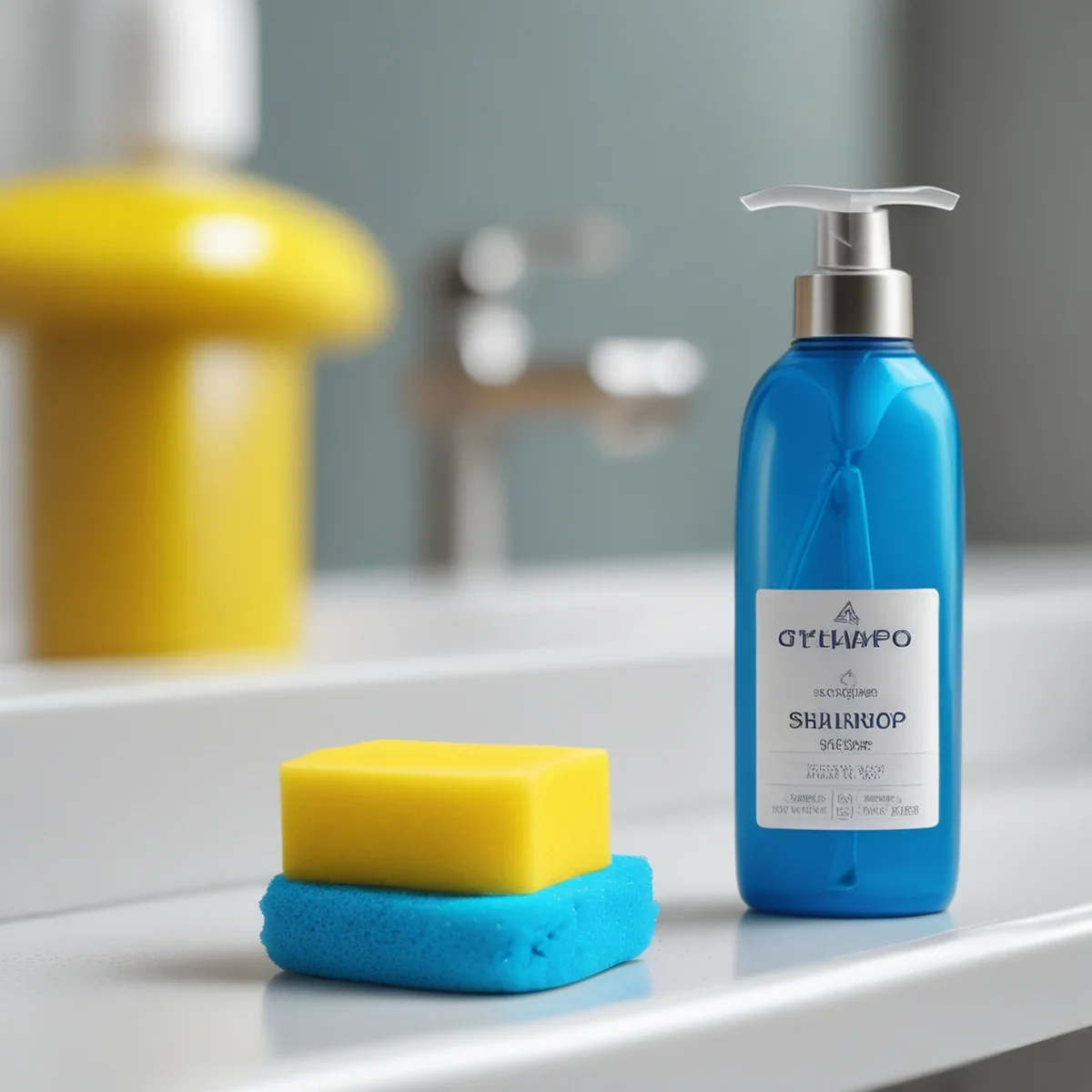 Eine Flasche Haustiershampoo neben einem weichen Reinigungsschwamm