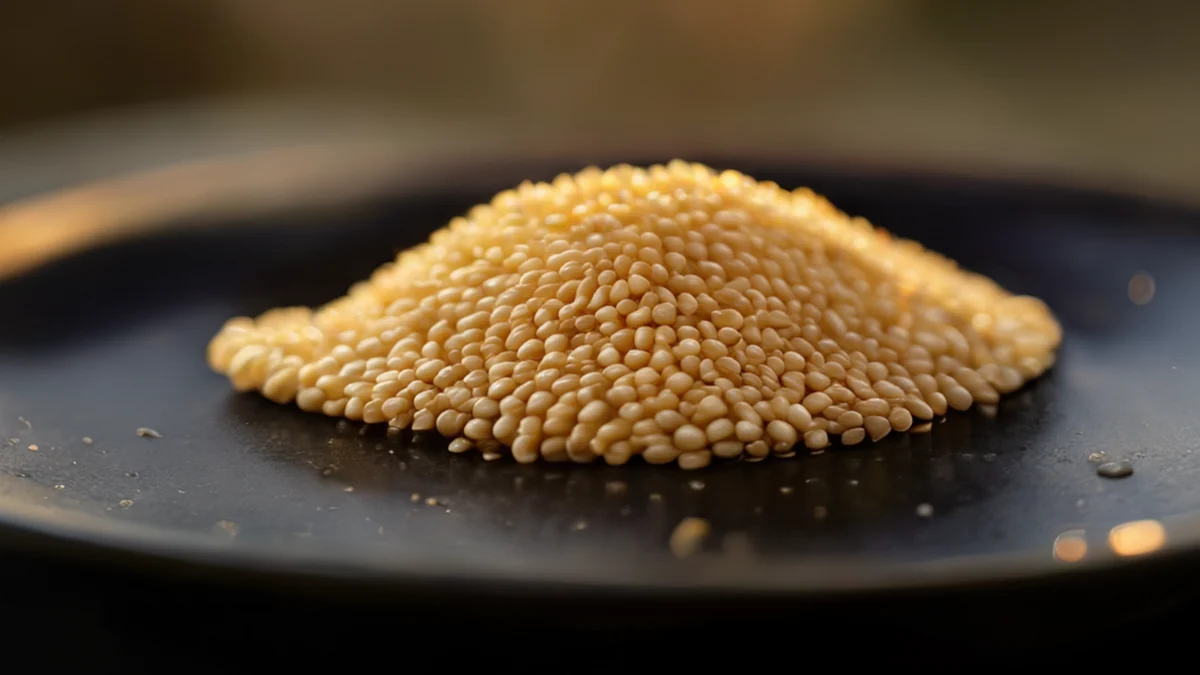 Grãos brancos de quinoa secos e inteiros, alinhados em file.