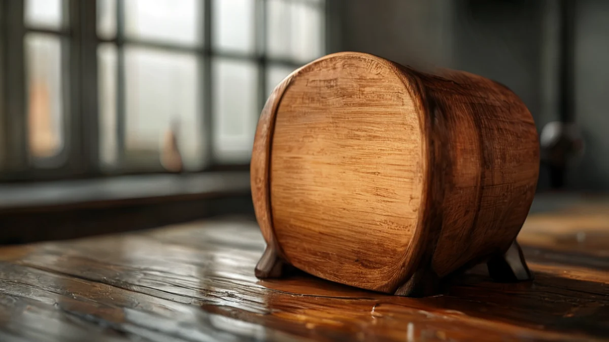 Pressoir de fromage en bois avec une tête en métal, surface brillante, sur une table en bois, lumière de jour nuageux, champ de profondeur faible, photoréaliste, focus aiguisé, détails élevés