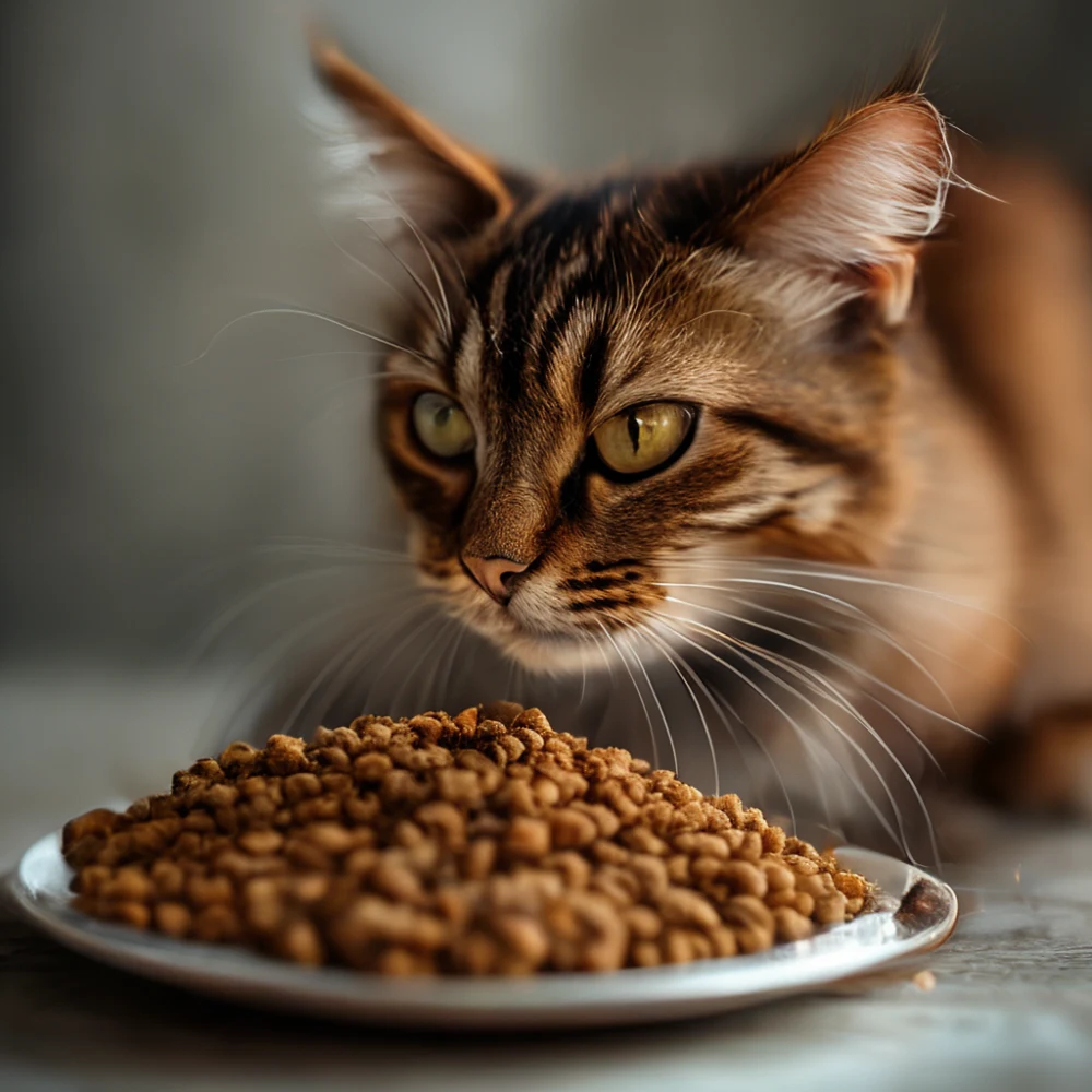 Gato com balança mostrando porção de comida