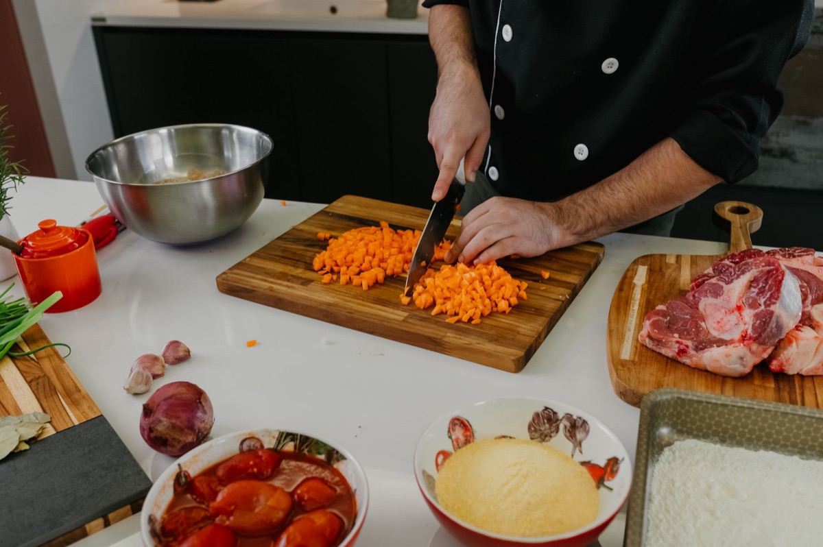 Dog food recipe ingredients arranged on a kitchen counter