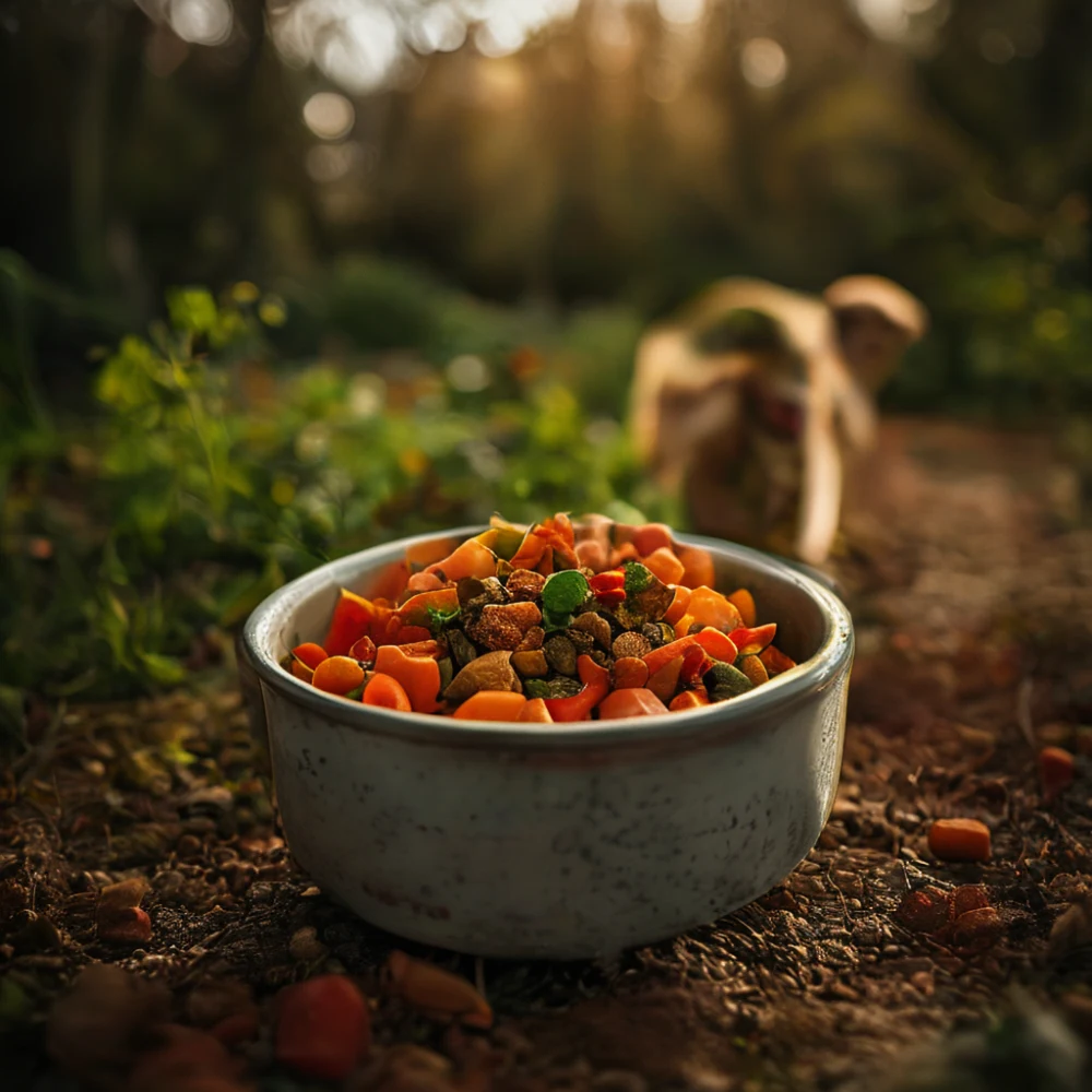 cachorro com tigela de comida para cães fresca