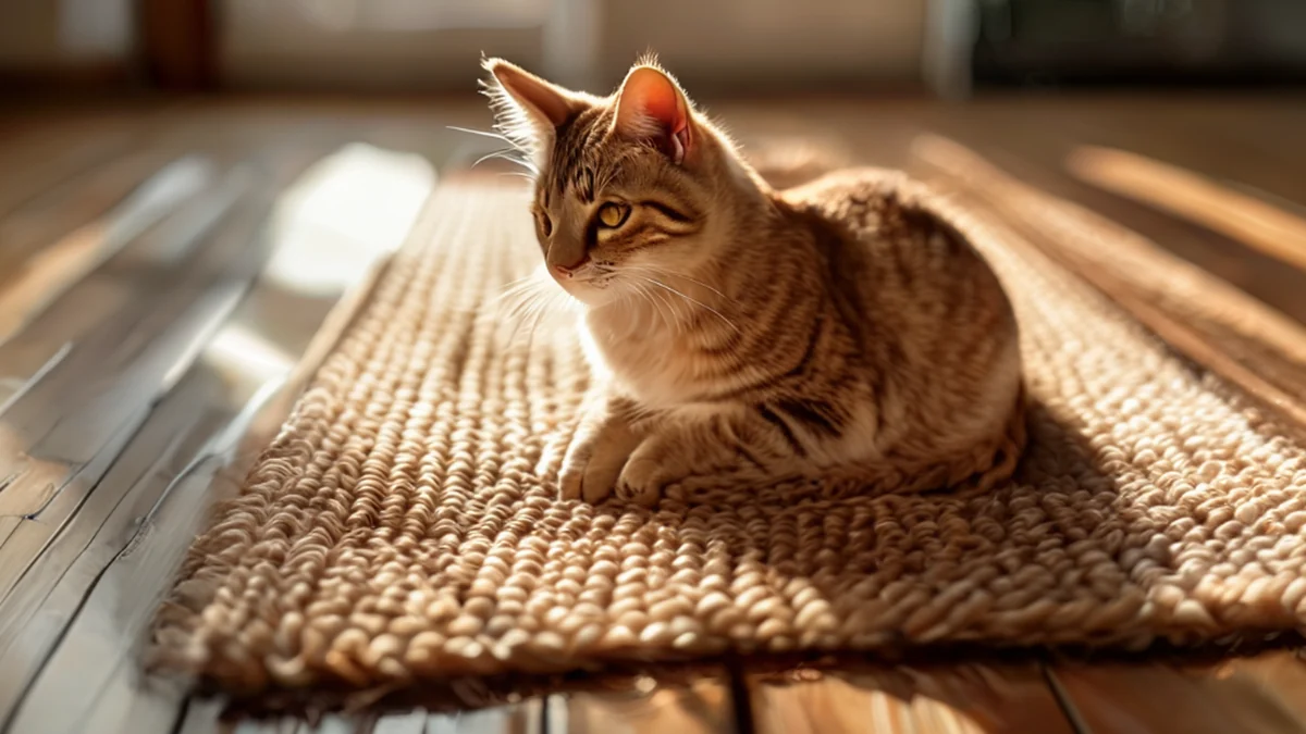 Un gato está sentado en un tapiz de lana.