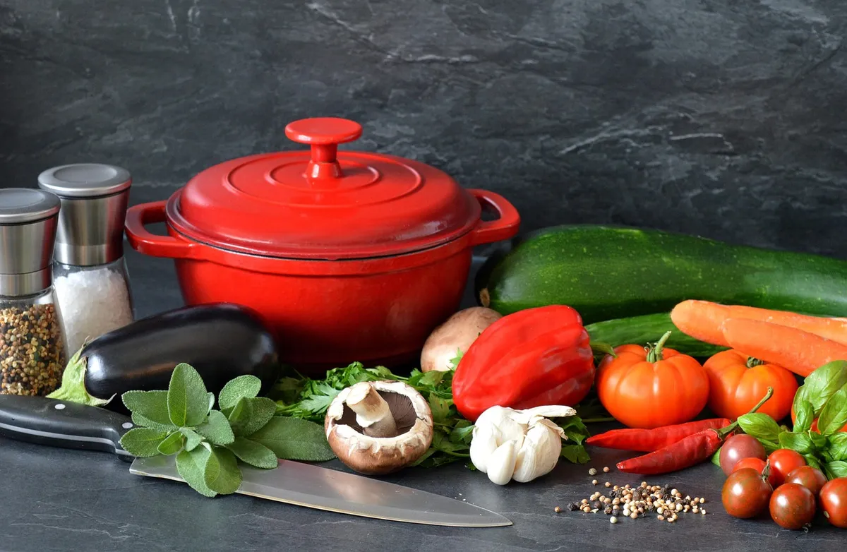 cook, vegetables, pot, ingredients, preparation, knife, food, healthy, carrots, diet, recipe, paprika, nourishment, homemade, kitchen, pepper, salt, eggplant, t