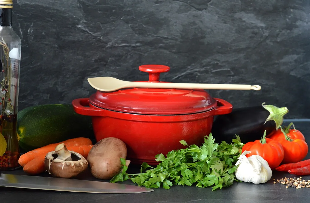 cook, vegetables, pot, ingredients, preparation, knife, food, healthy, carrots, diet, recipe, nourishment, homemade, kitchen, eggplant, tomatoes, mushrooms, gar
